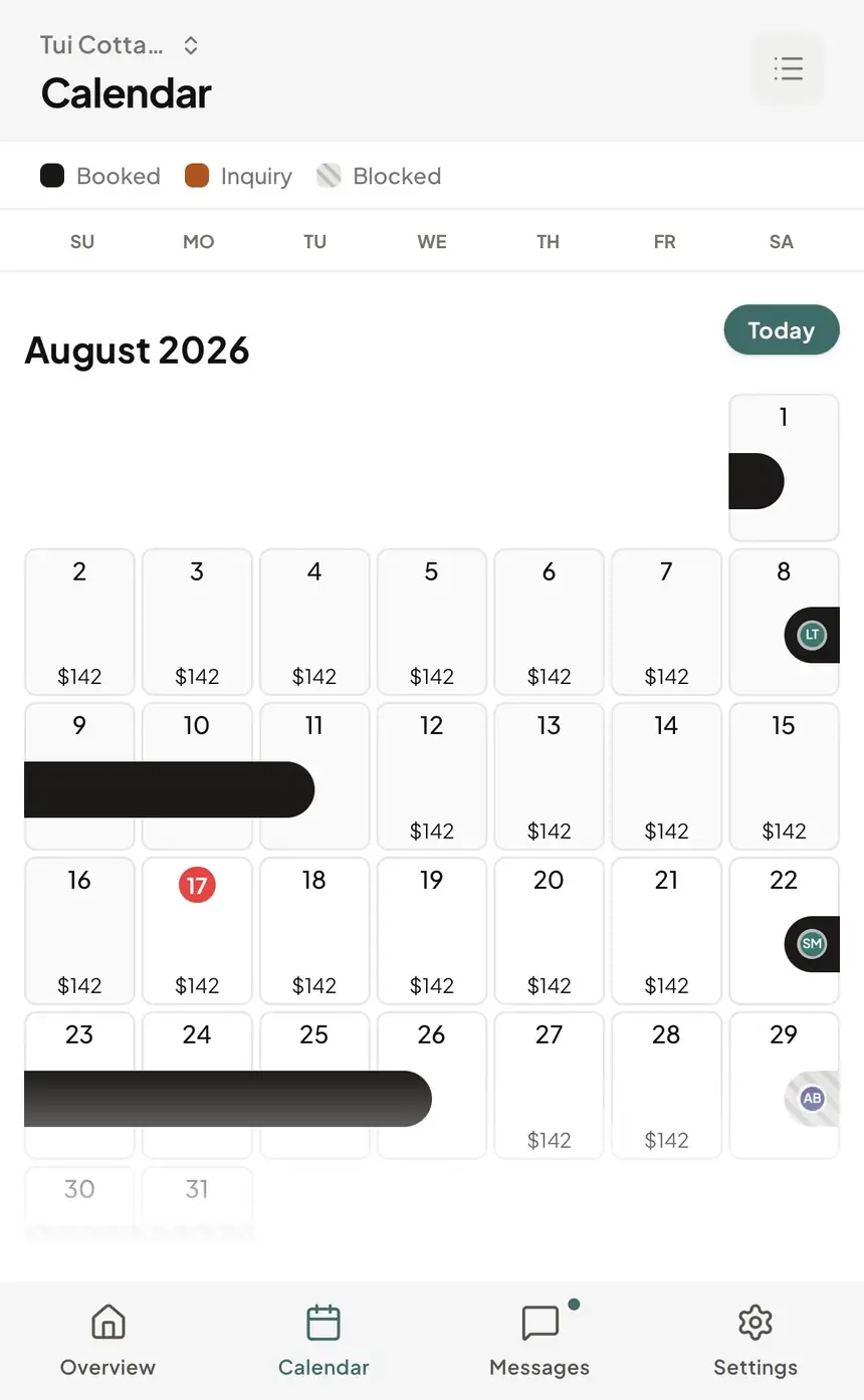 Guestark calendar showing direct bookings alongside external calendar blocks.