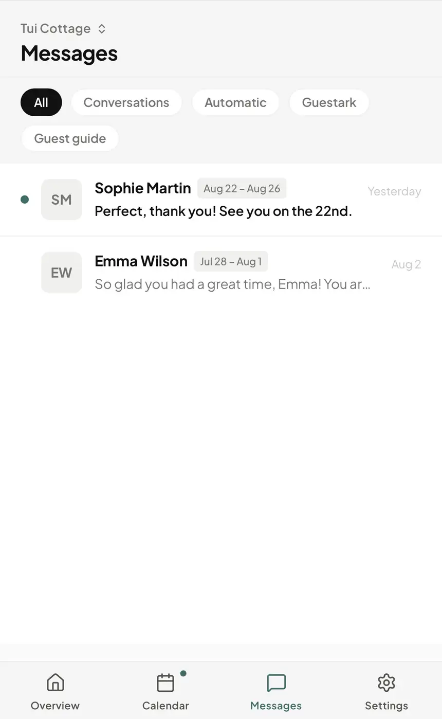 Guestark messages inbox with guest conversations.