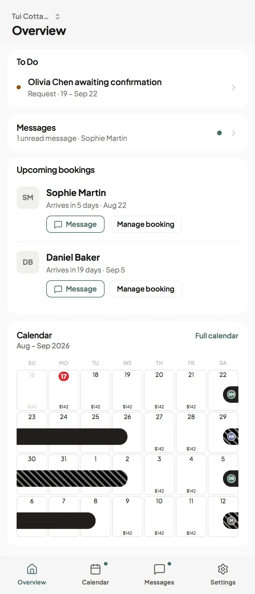 Guestark dashboard overview with to-dos, unread messages and upcoming bookings.
