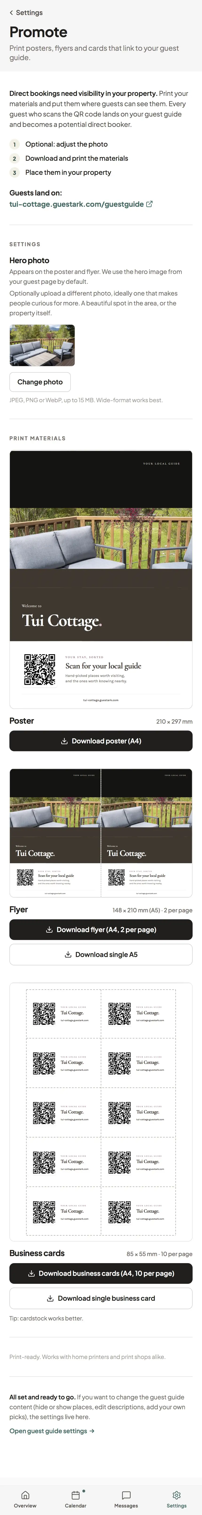 Guestark promote page with print-ready poster, flyer and card materials.