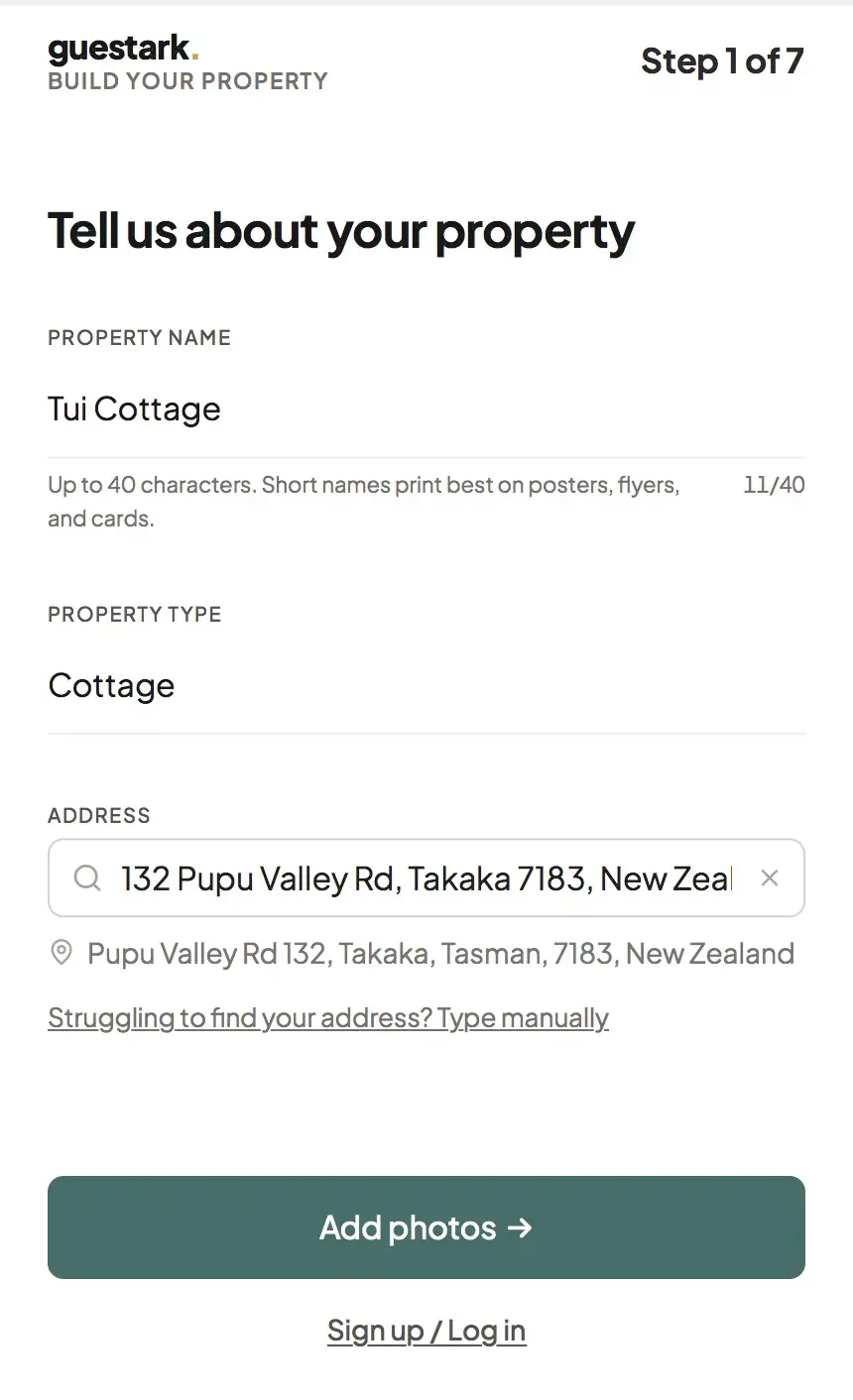 Guestark wizard step 1: property name, type and address form.