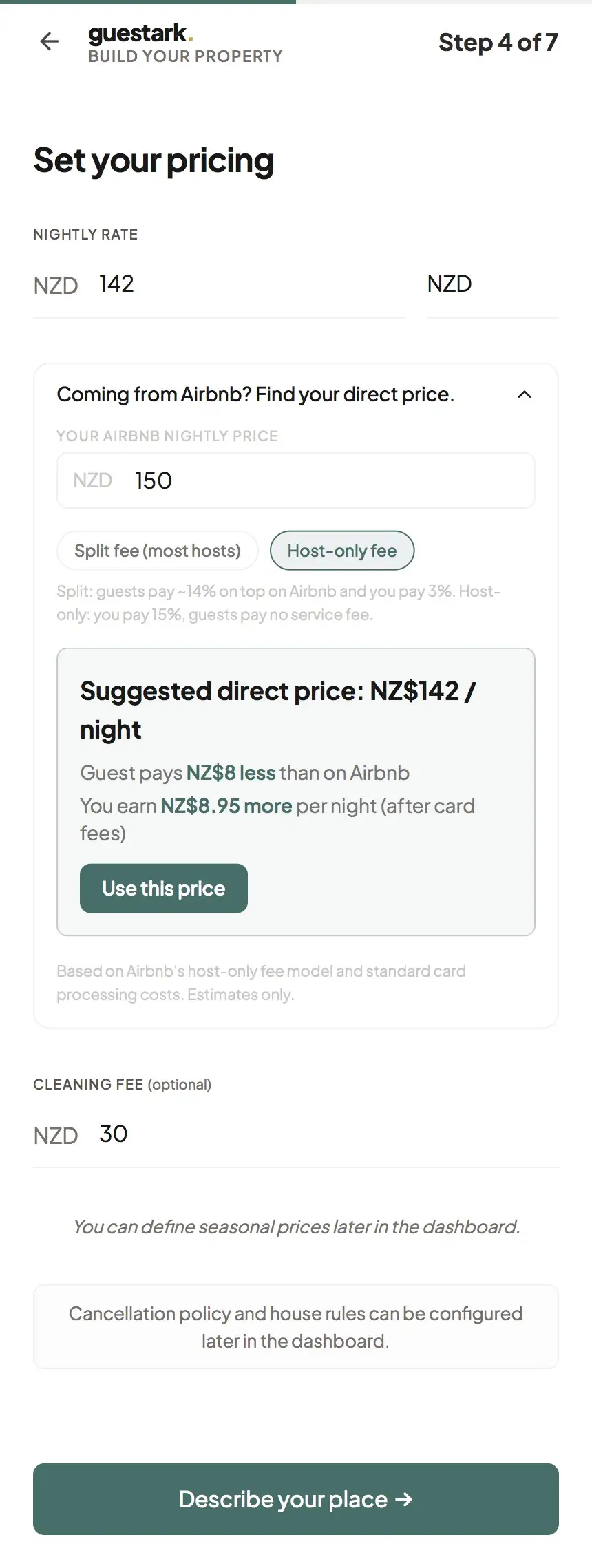 Guestark wizard step 4: nightly rate with suggested direct price compared to Airbnb.